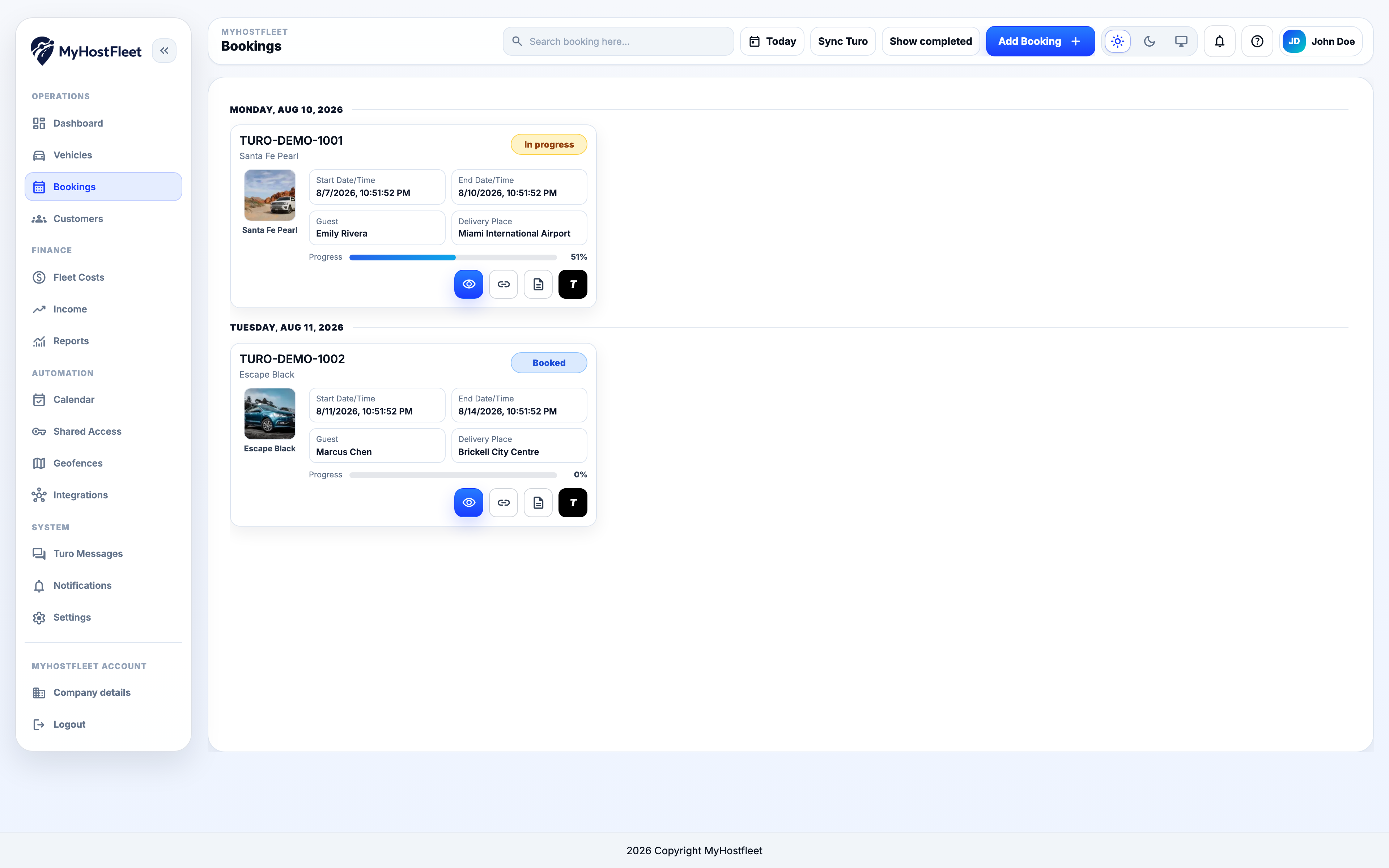 Bookings, Dia Actual, Tolls y Detalles