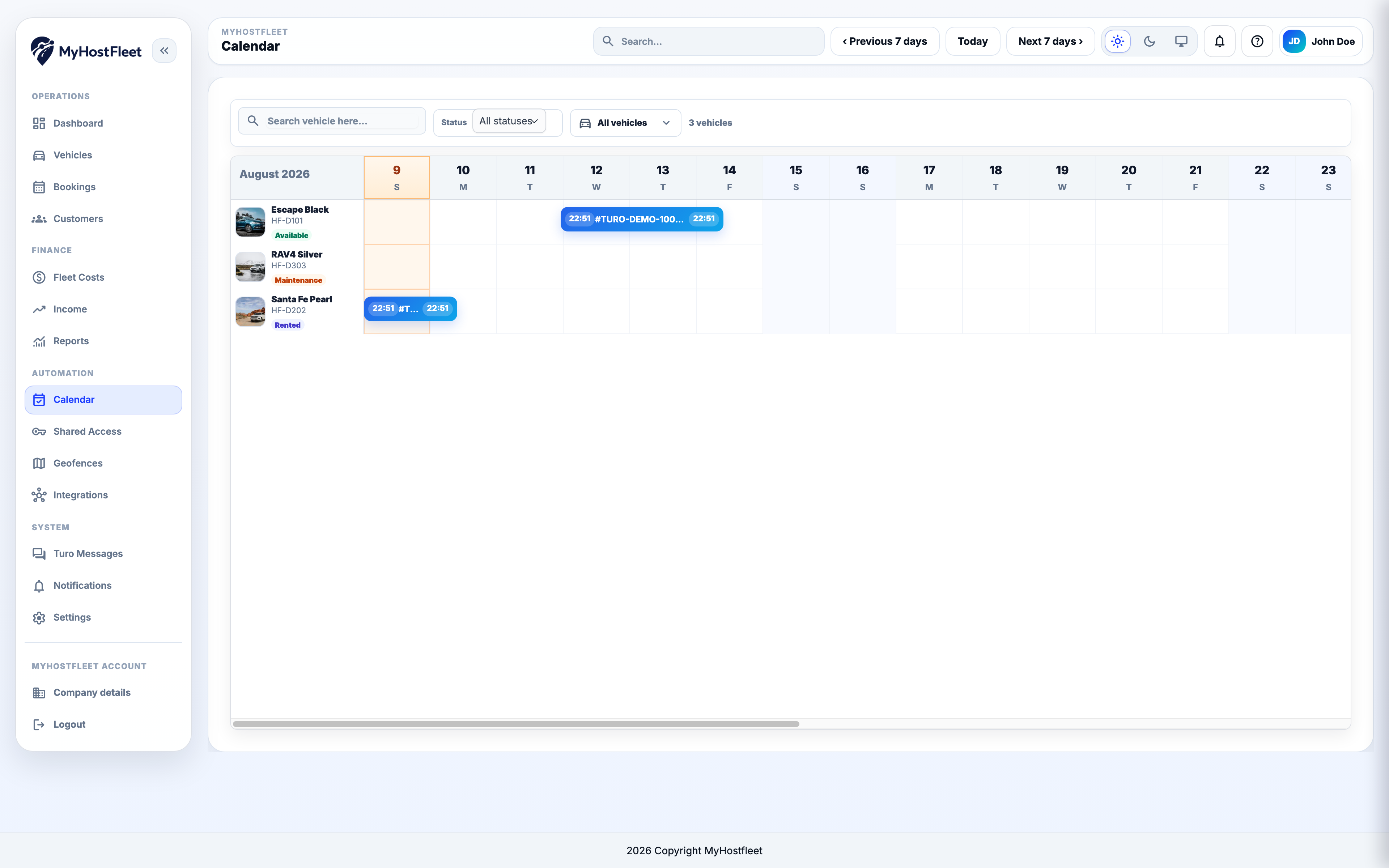 Calendario y Disponibilidad de Vehiculos