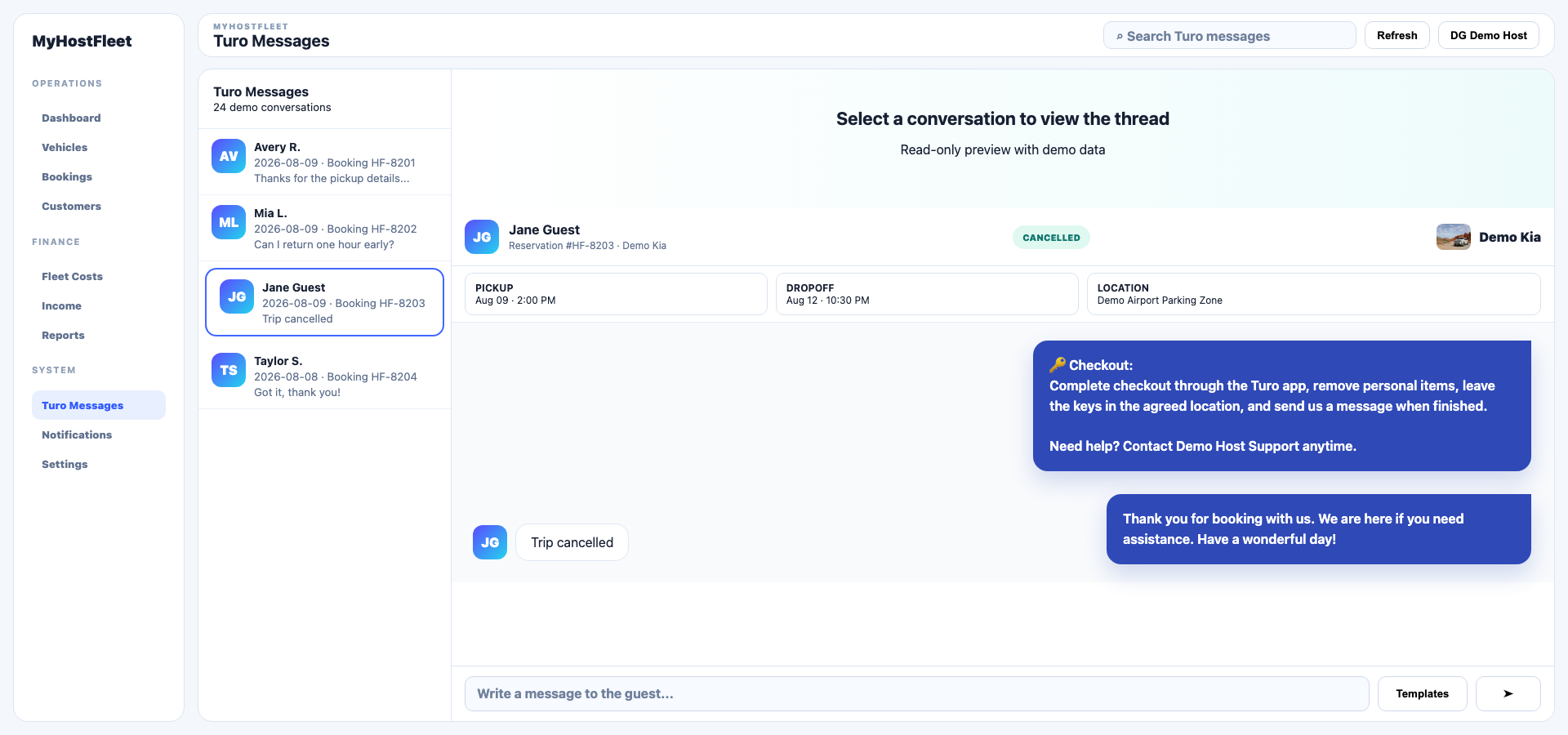 Turo Messages, Chat y Templates